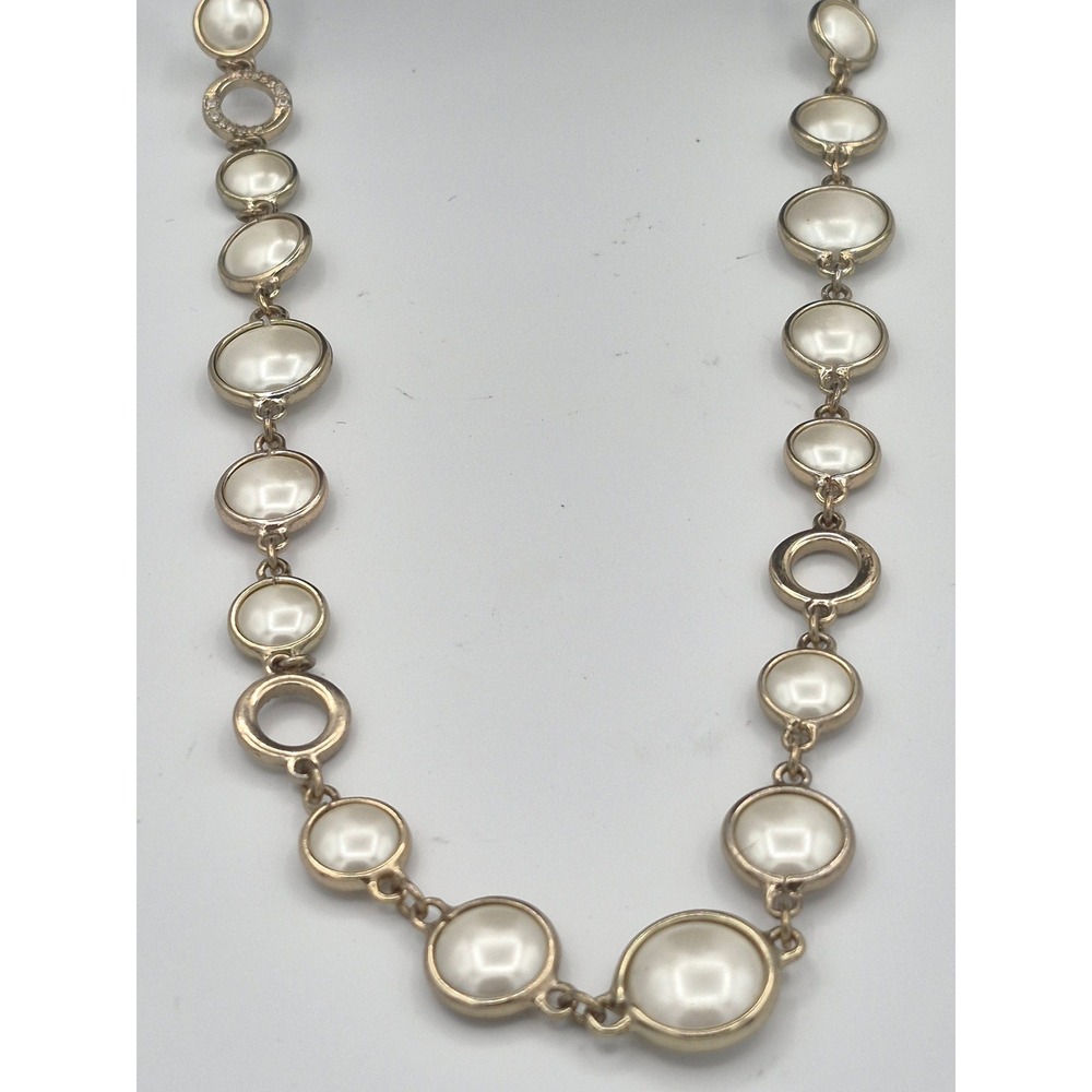 Anne Klein Faux Pearl Crystal Station Necklace Gold Tone Long Chain Link